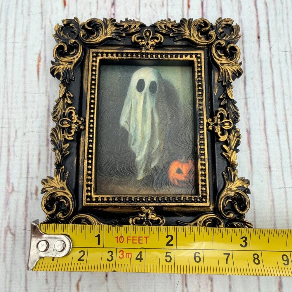 Gothic Ghost Pumpkin Decoupage Art Ornate Gold Black Resin Frame 4x3.5 Mini